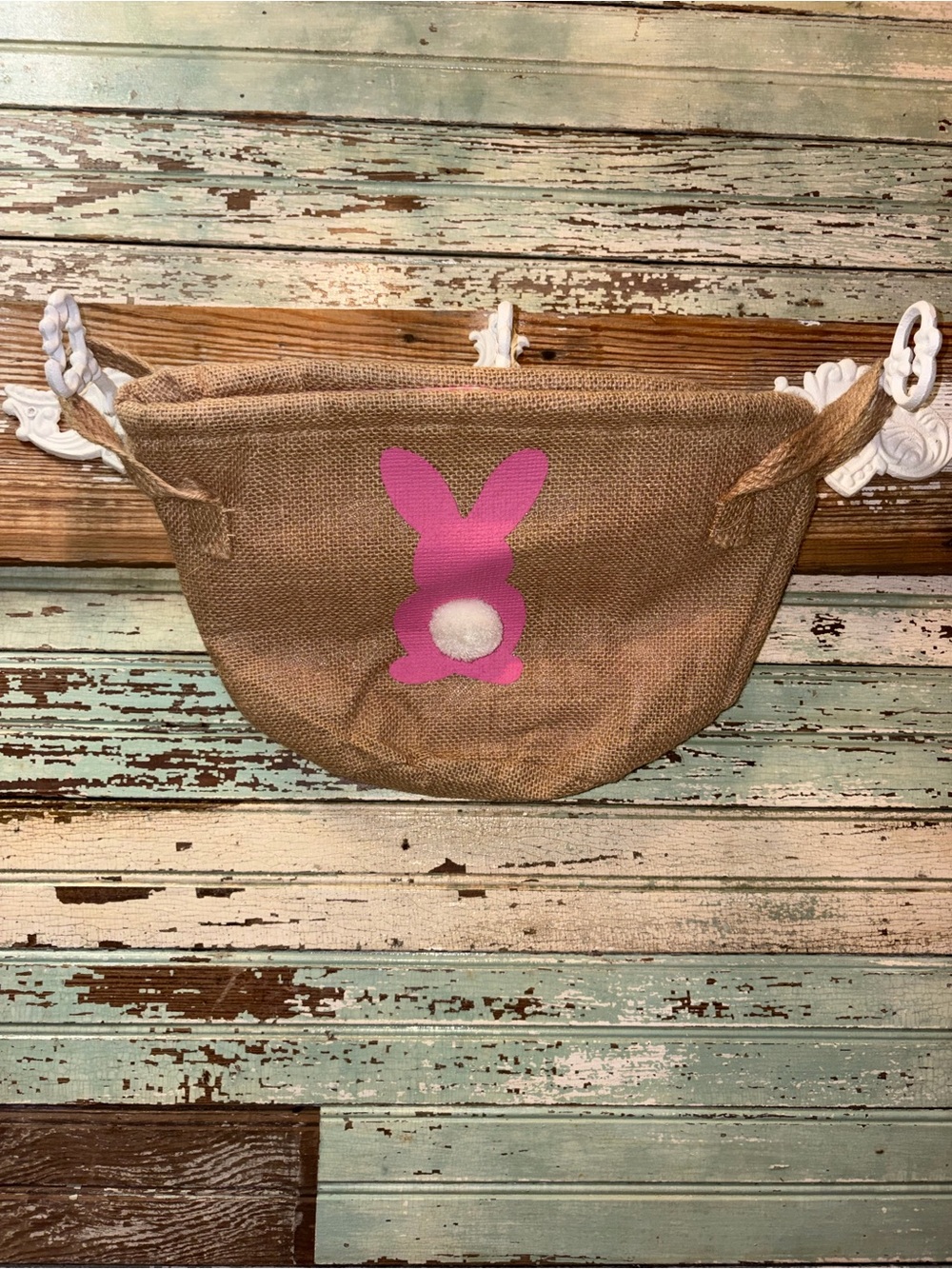 Burlap Hanging Storage Bag with Pink Bunny Accent